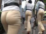 【高画質】極薄生地のフレアパンツで卑猥な生尻を晒すアンニュイな淫乱美女!!