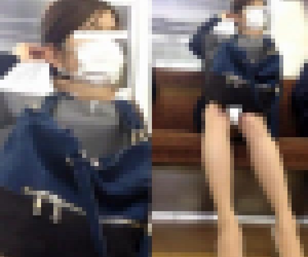 (電車対面）(顔出し)マスクをしても…美人過ぎることが隠し切れないOLさん…パンプスからそそり立つパンストあんよを観察してみまし