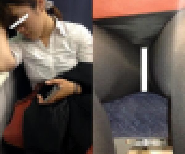 (電車対面）(顔出し)ボックス席…お仕事に疲れてぐったりする○っぱい豊かな…黒パンストあんよをひらくOLおねいさんを観察してみま