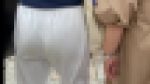 テロテロ生地のパンツからチェック柄のパンティーが透け透けです。